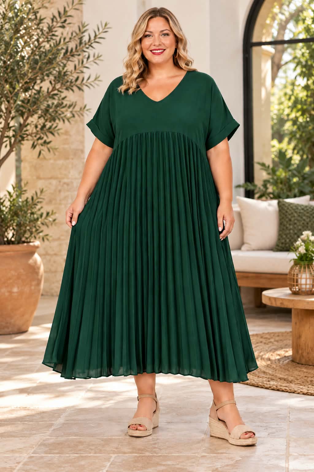 Robe Longue Plissée Col V Grande Taille