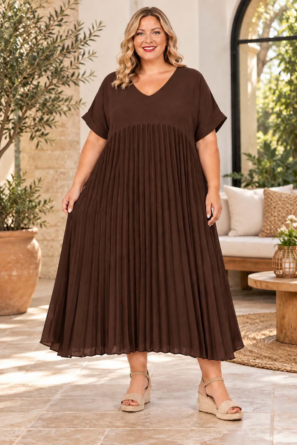 Robe Longue Plissée Col V Grande Taille