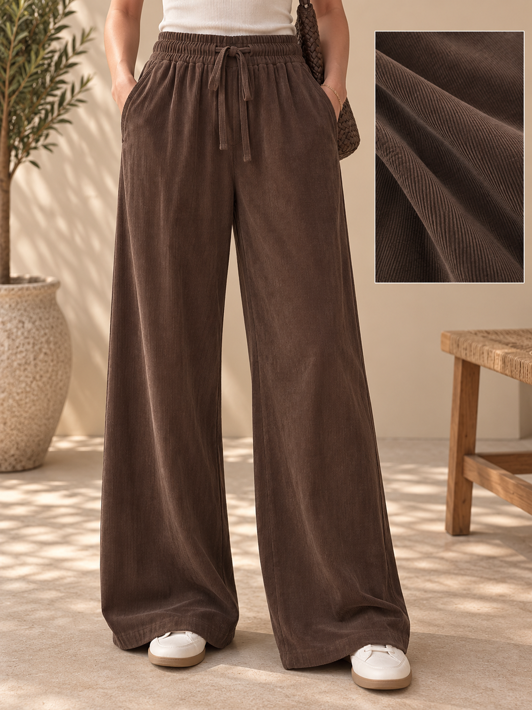 Pantalon Large Palazzo Taille Élastiquée Cordon Tissu Côtelé Texturé 2 Poches
