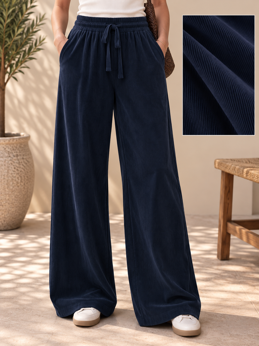 Pantalon Large Palazzo Taille Élastiquée Cordon Tissu Côtelé Texturé 2 Poches