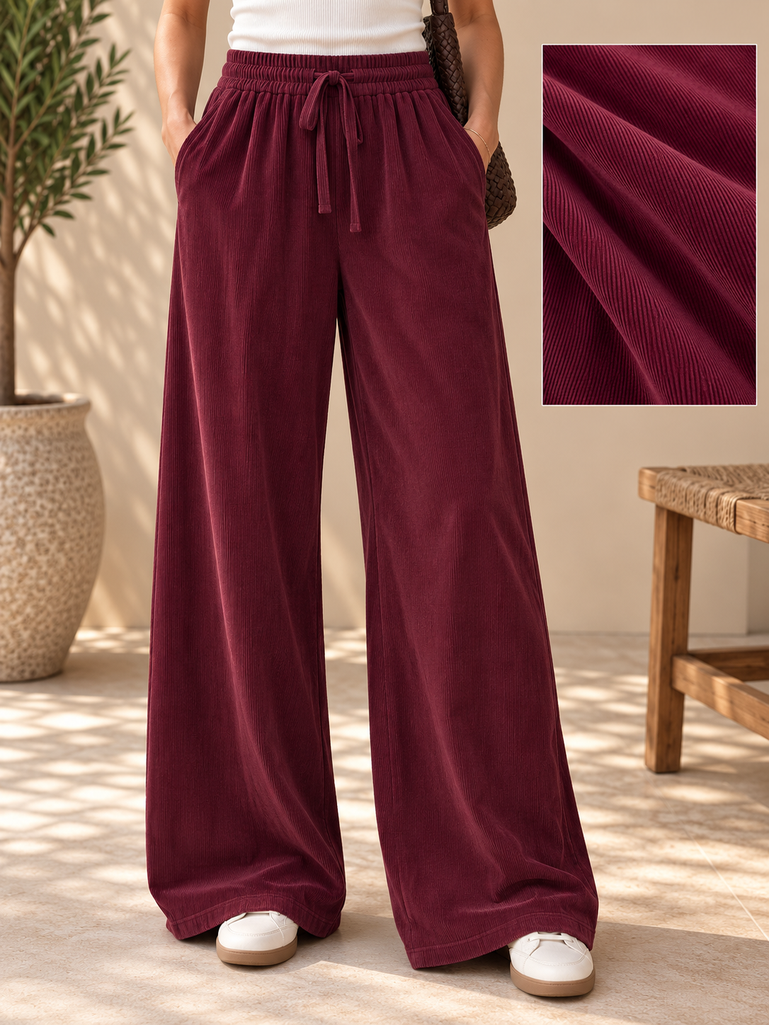 Pantalon Large Palazzo Taille Élastiquée Cordon Tissu Côtelé Texturé 2 Poches