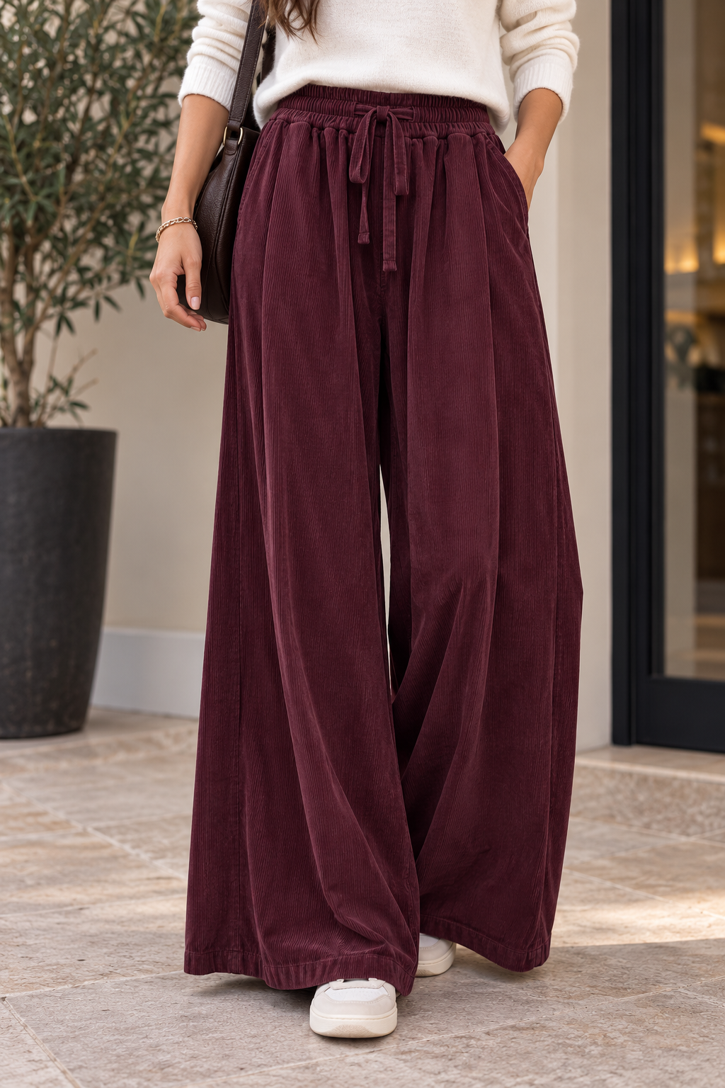 Pantalon Large Velours Côtelé Taille Élastiquée Smockée Cordon Plis Tombants 2 Poches