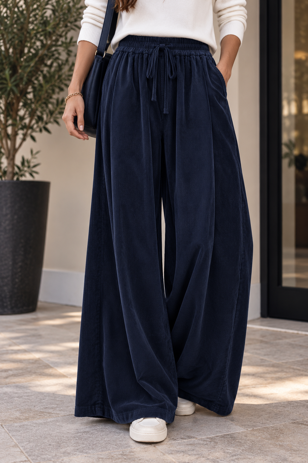Pantalon Large Velours Côtelé Taille Élastiquée Smockée Cordon Plis Tombants 2 Poches