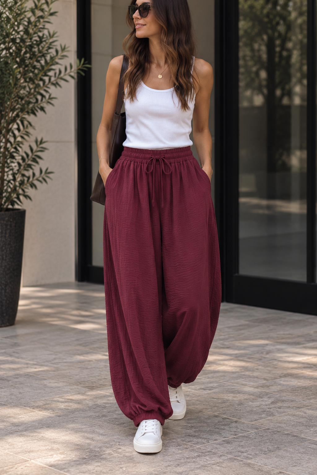 Pantalon Bouffant Sarouel Fluide Taille Smockée Cordon Cheville Resserrée Bord-Côte 2 Poches