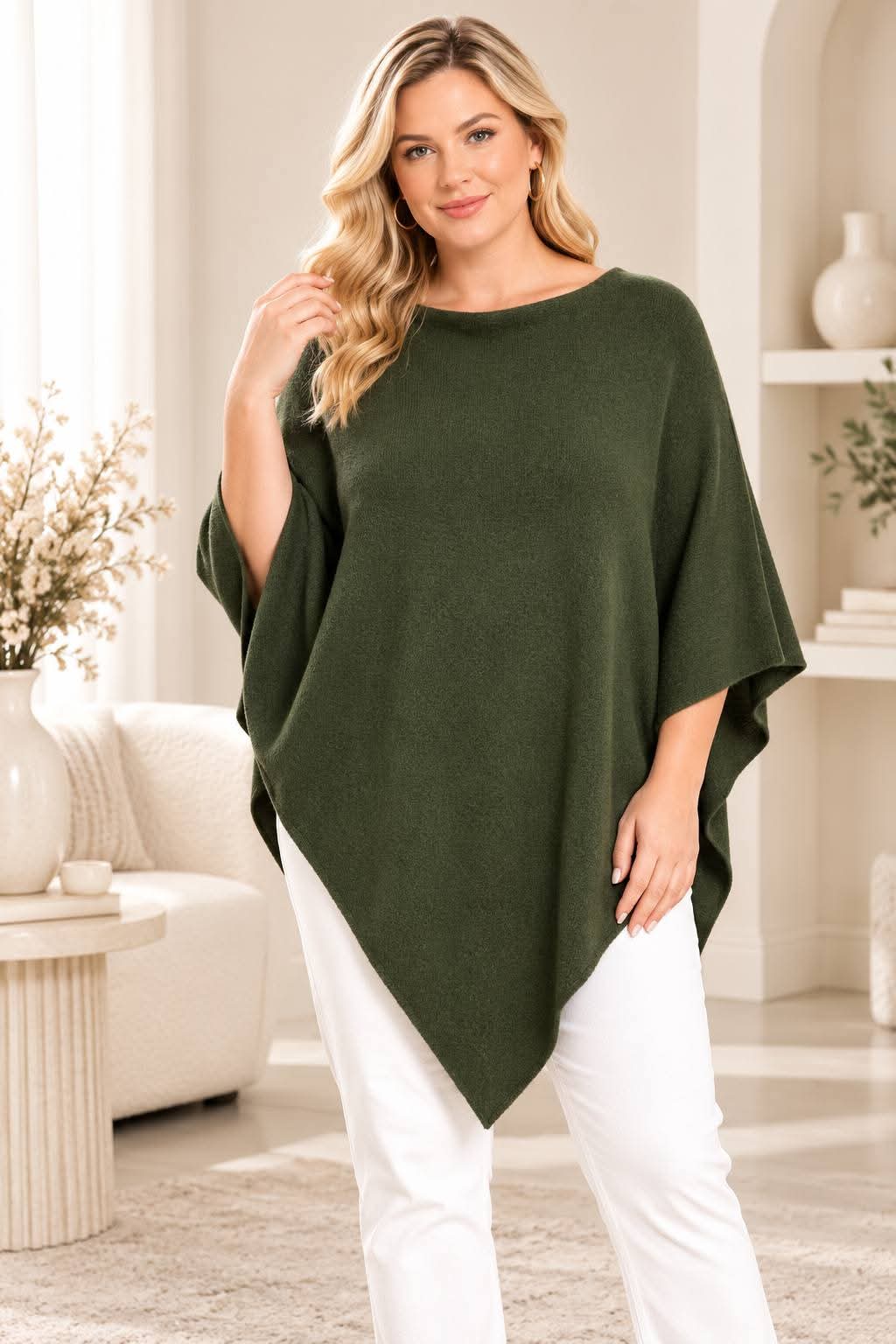 Poncho Oversize Col Rond Maille Douce Unie Ourlet Asymétrique Pointe