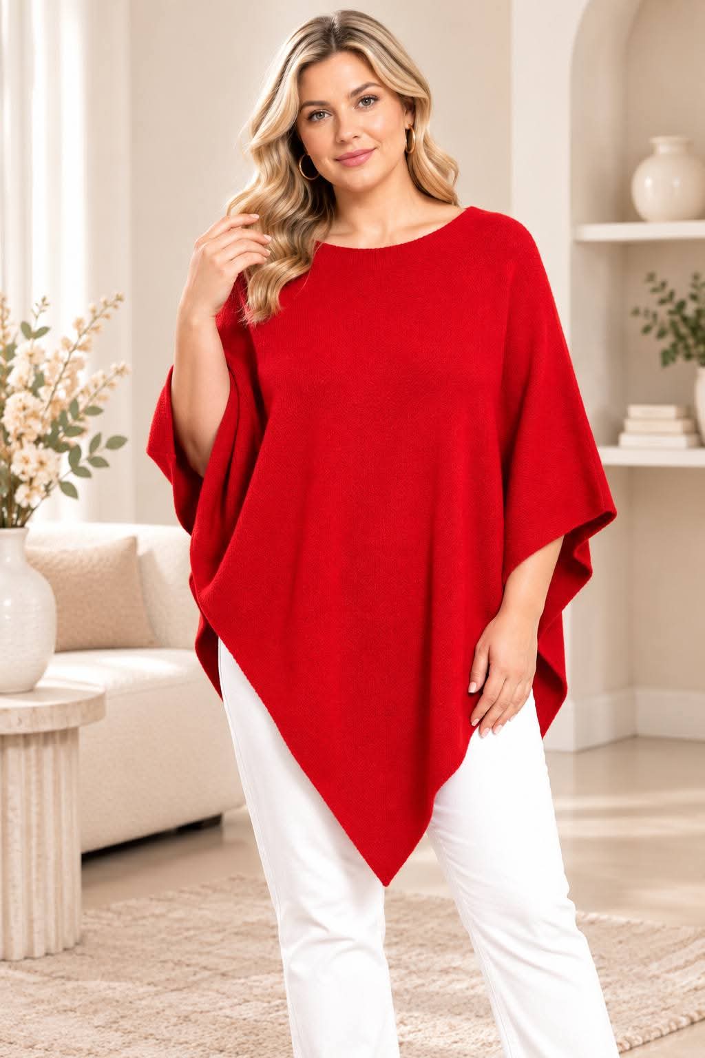 Poncho Oversize Col Rond Maille Douce Unie Ourlet Asymétrique Pointe