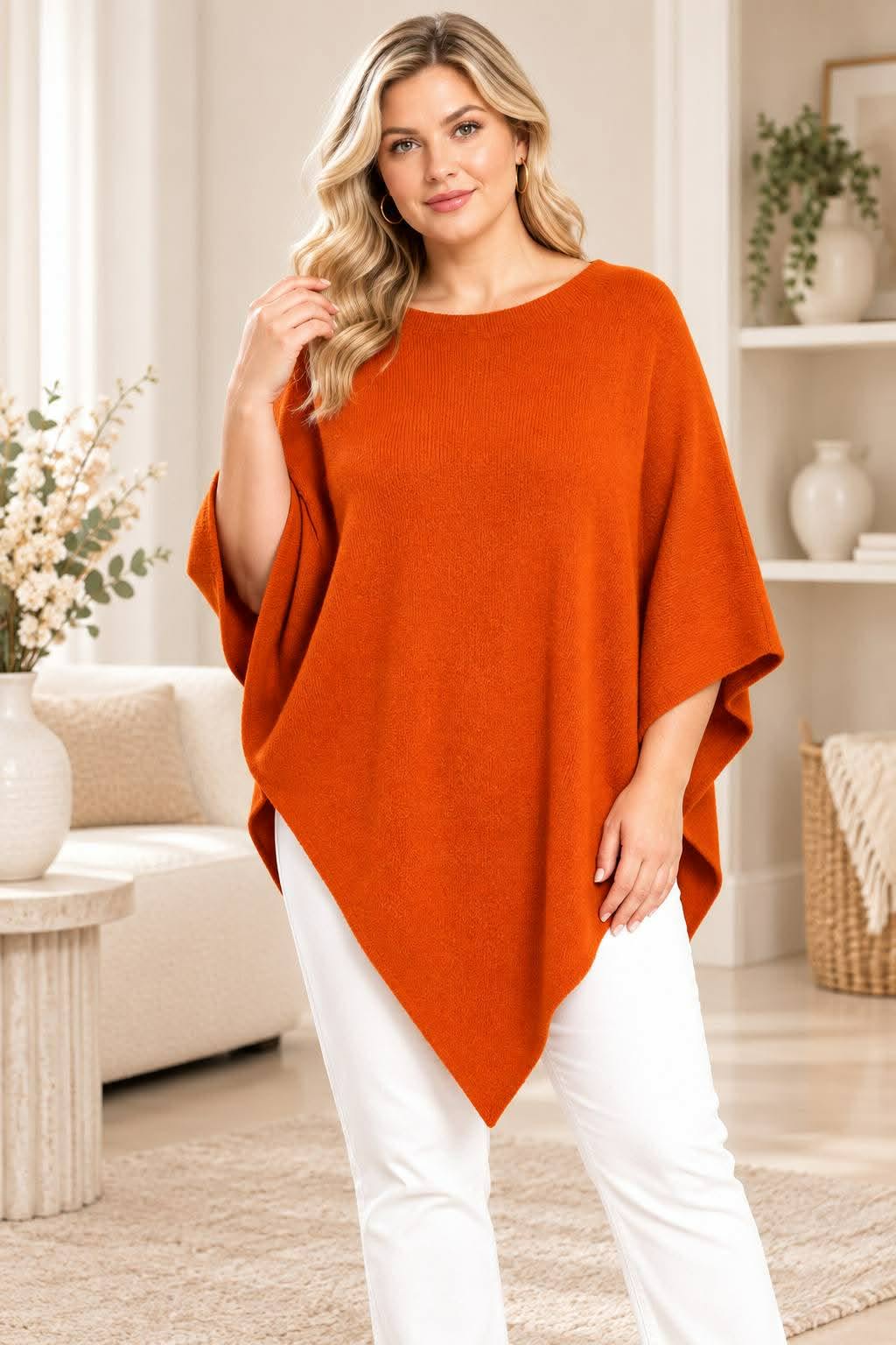 Poncho Oversize Col Rond Maille Douce Unie Ourlet Asymétrique Pointe
