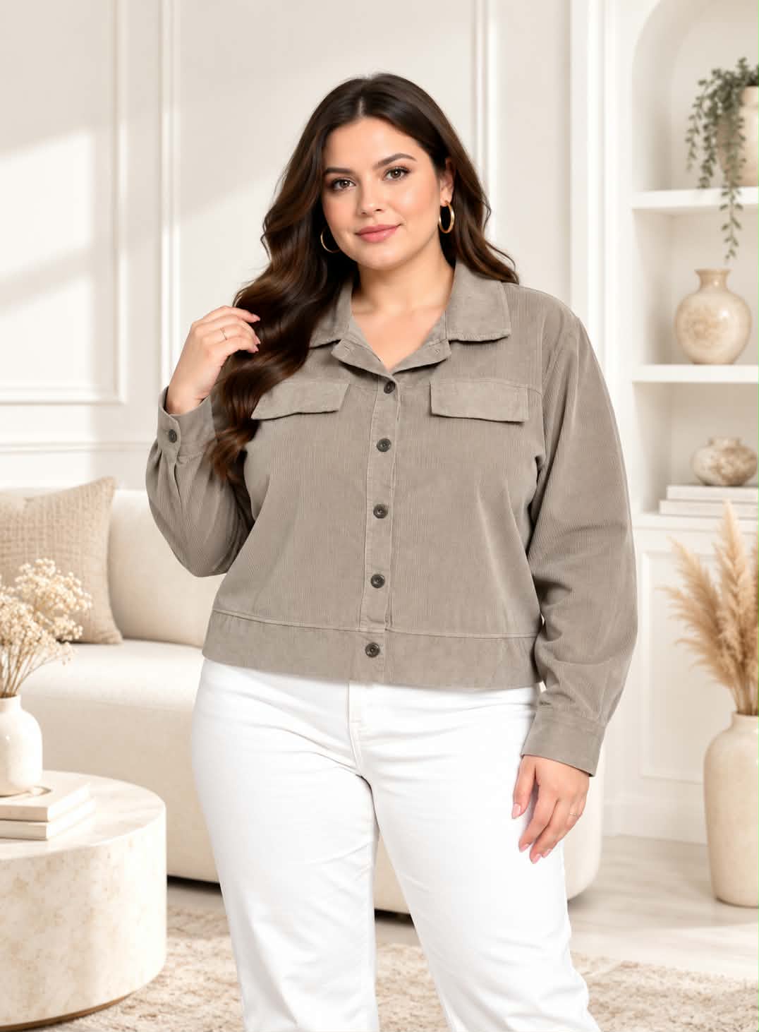 Veste Chemise Oversize Velours Côtelé Col Chemise 2 Poches Rabat Boutons Bord-Côte Bas