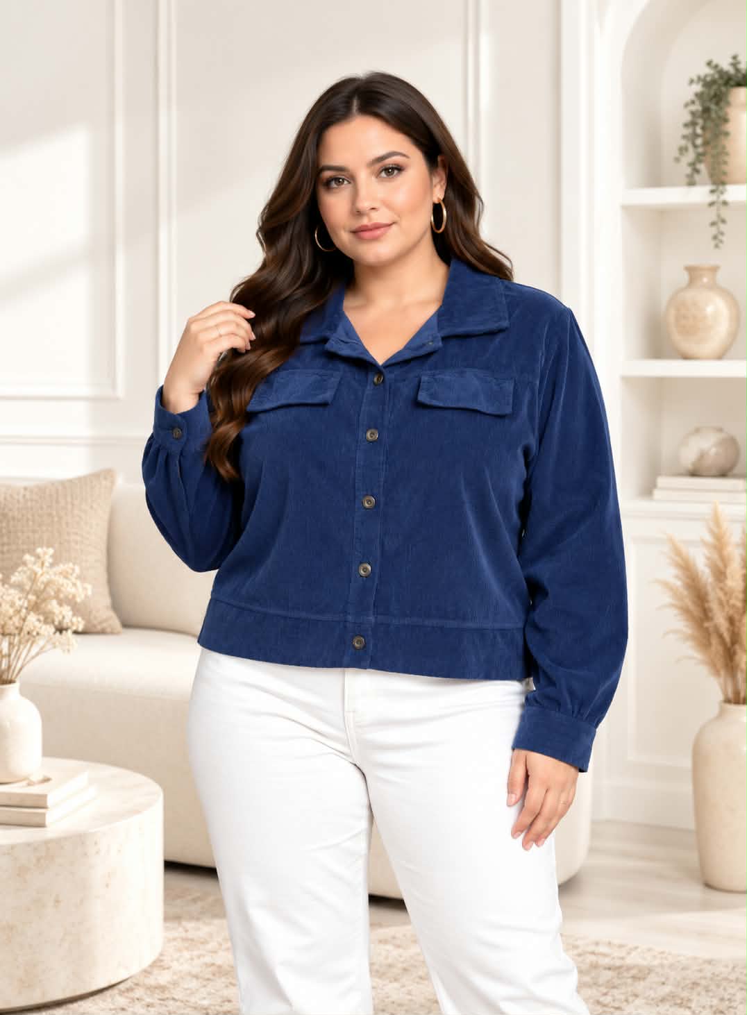 Veste Chemise Oversize Velours Côtelé Col Chemise 2 Poches Rabat Boutons Bord-Côte Bas