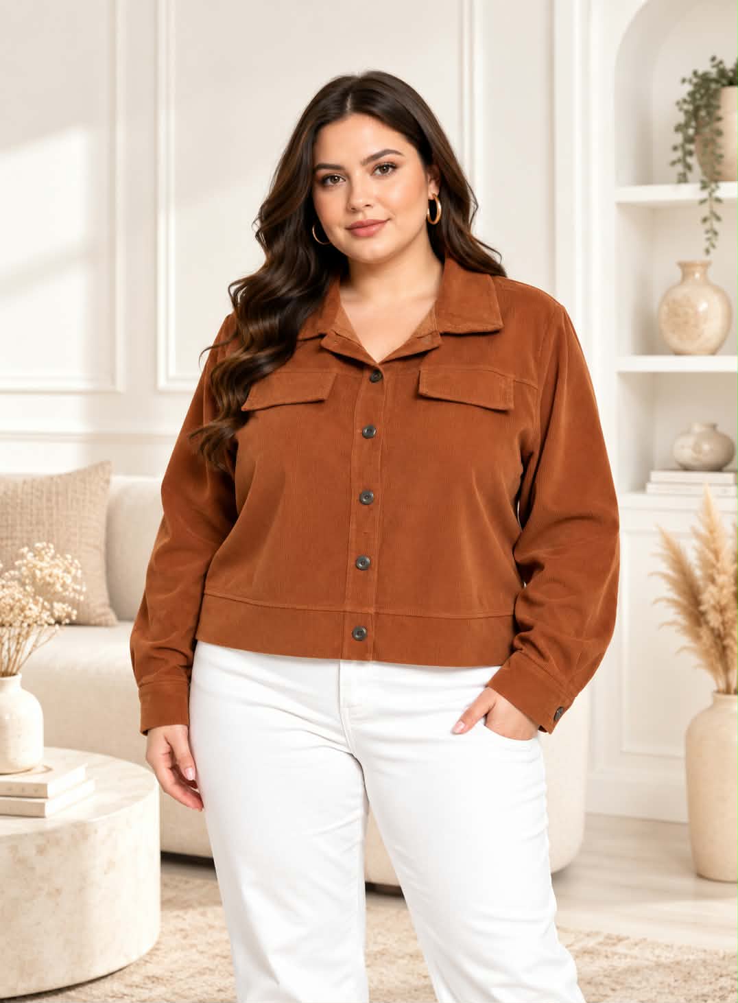 Veste Chemise Oversize Velours Côtelé Col Chemise 2 Poches Rabat Boutons Bord-Côte Bas