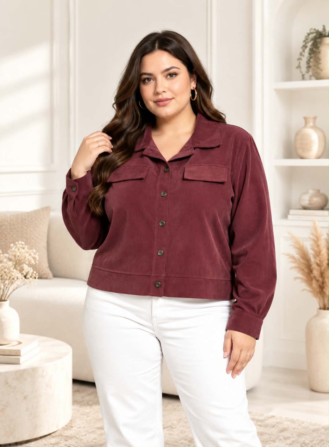 Veste Chemise Oversize Velours Côtelé Col Chemise 2 Poches Rabat Boutons Bord-Côte Bas