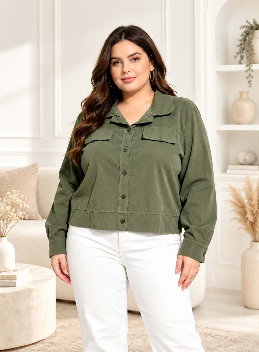 Veste Chemise Oversize Velours Côtelé Col Chemise 2 Poches Rabat Boutons Bord-Côte Bas