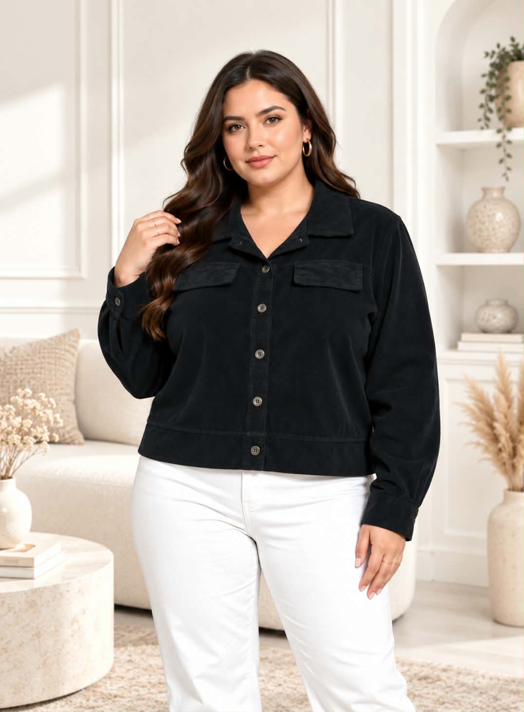 Veste Chemise Oversize Velours Côtelé Col Chemise 2 Poches Rabat Boutons Bord-Côte Bas