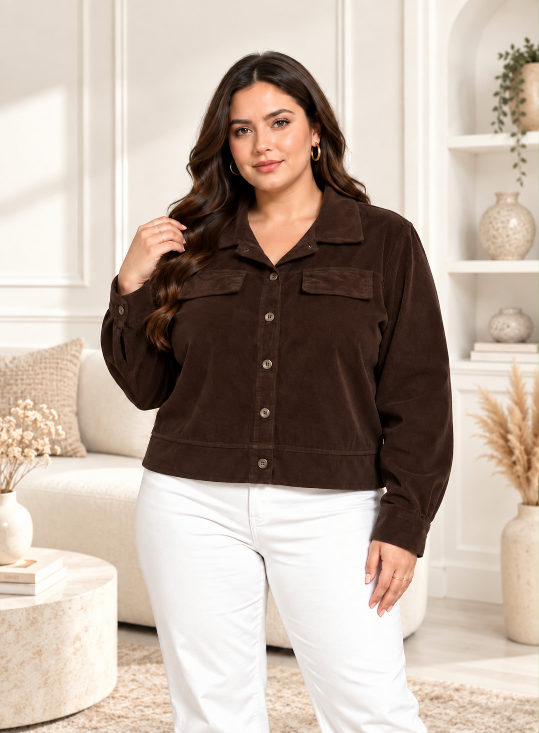 Veste Chemise Oversize Velours Côtelé Col Chemise 2 Poches Rabat Boutons Bord-Côte Bas