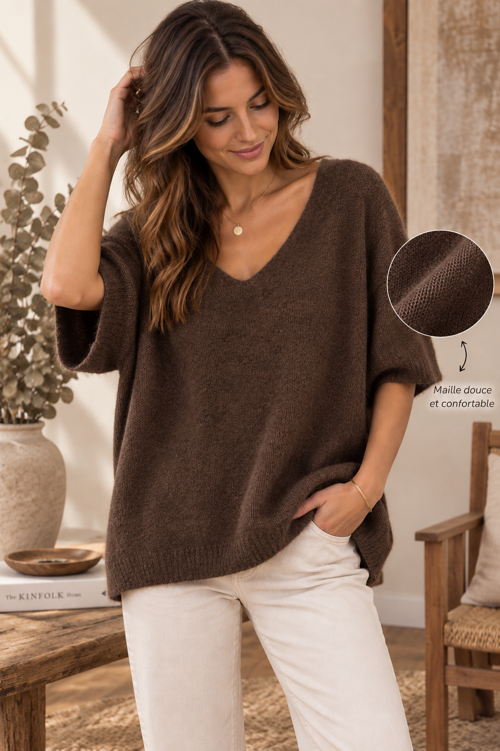 Pull Oversize Col V Profond Maille Douce Tricoté Manches 3/4 Chauve-Souris Bord-Côte Bas