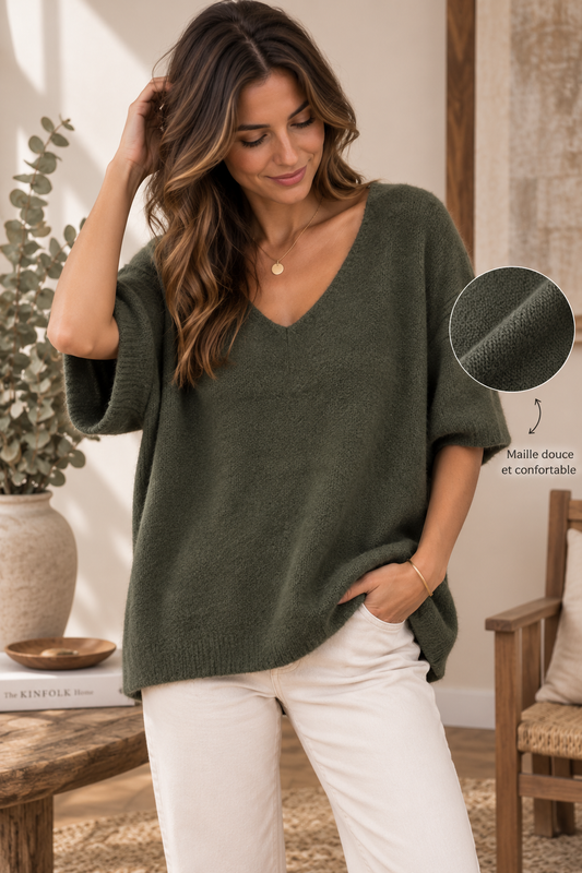 Pull Oversize Col V Profond Maille Douce Tricoté Manches 3/4 Chauve-Souris Bord-Côte Bas