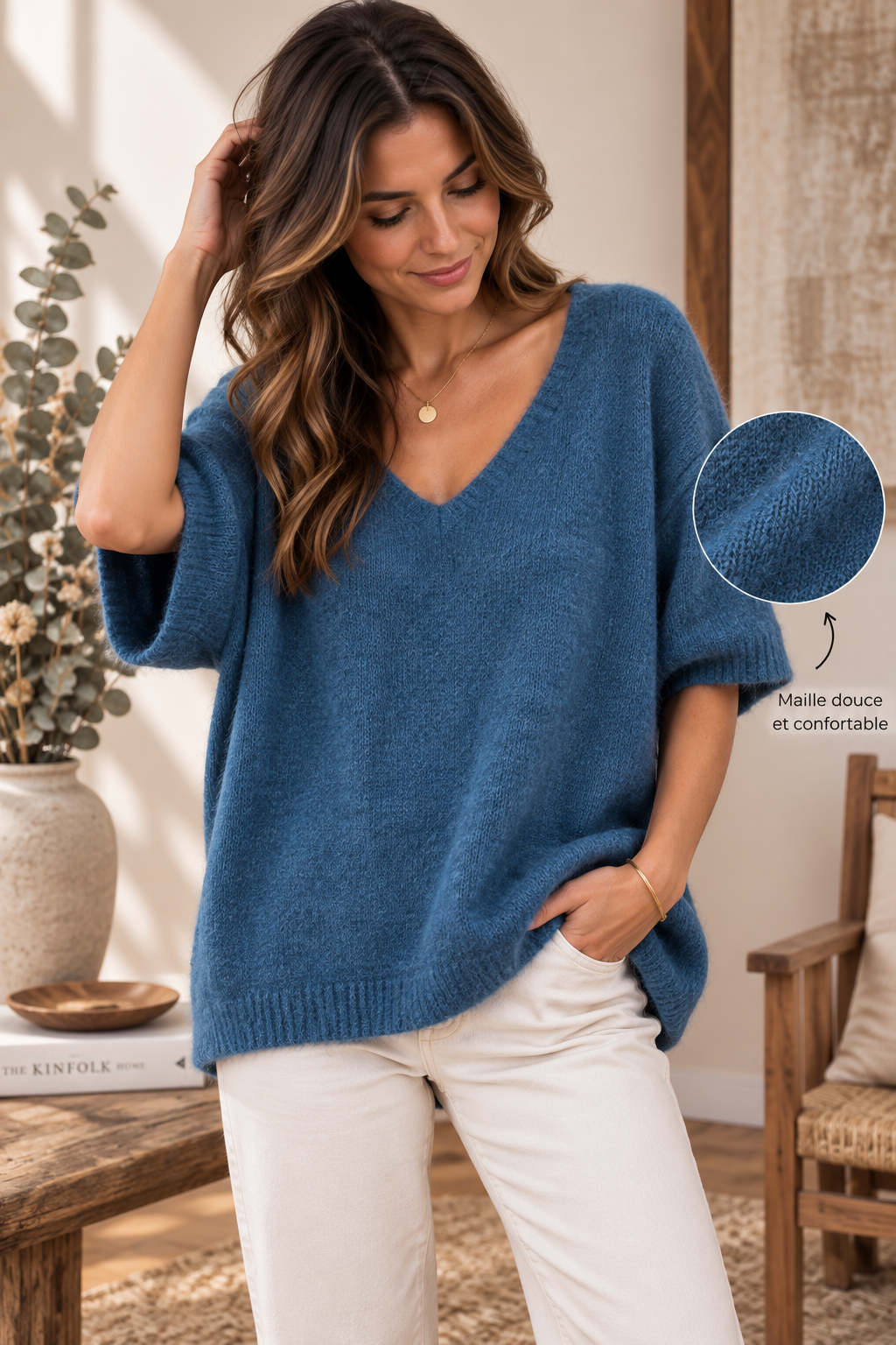 Pull Oversize Col V Profond Maille Douce Tricoté Manches 3/4 Chauve-Souris Bord-Côte Bas