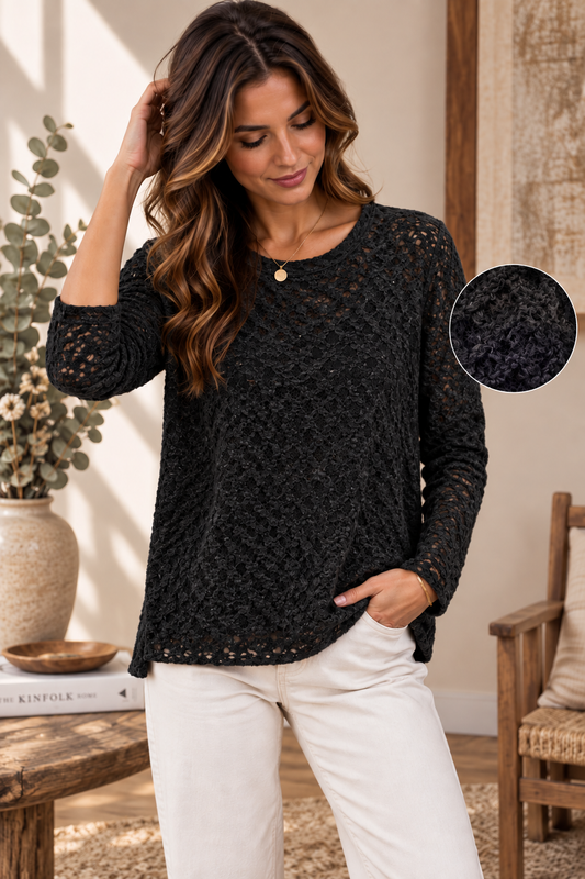 Top Oversize Col Rond Maille Ajourée Crochet Motif Géométrique Chevrons Manches Longues
