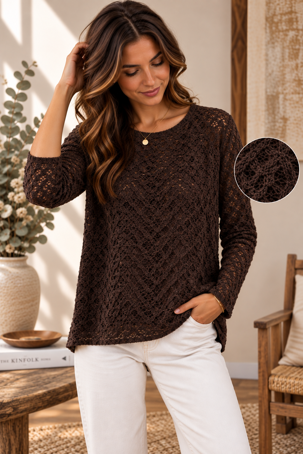 Top Oversize Col Rond Maille Ajourée Crochet Motif Géométrique Chevrons Manches Longues