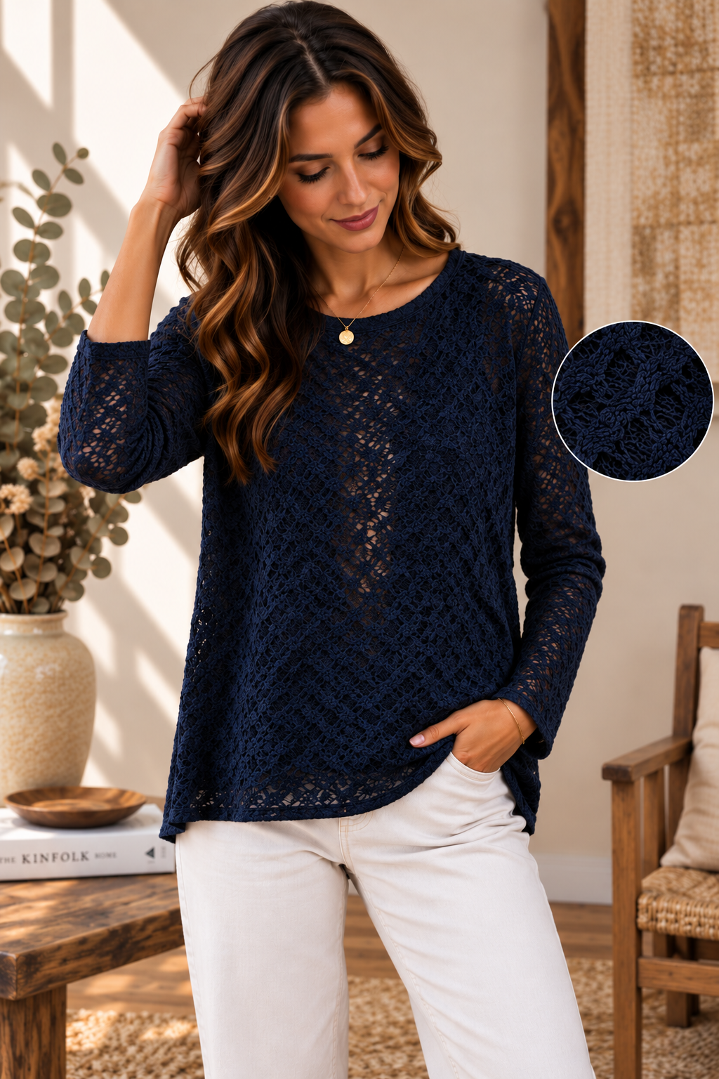 Top Oversize Col Rond Maille Ajourée Crochet Motif Géométrique Chevrons Manches Longues