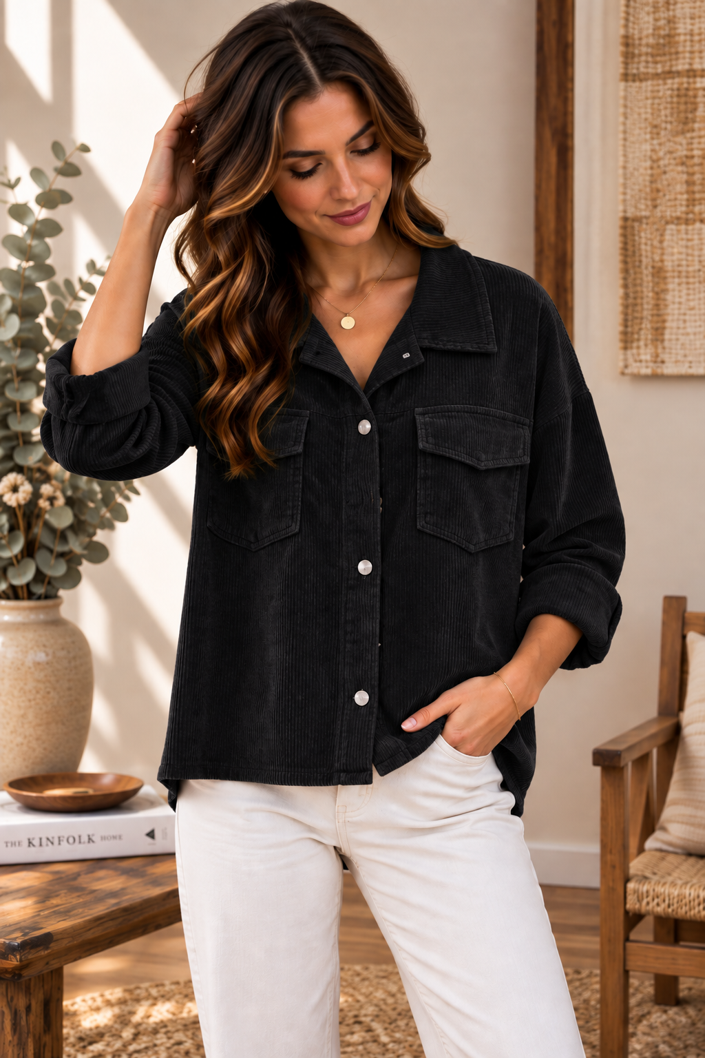 Shacket Chemise Oversize Velours Côtelé Col Chemise Boutonnage Pression 2 Poches Rabat Manches Longues Retroussables