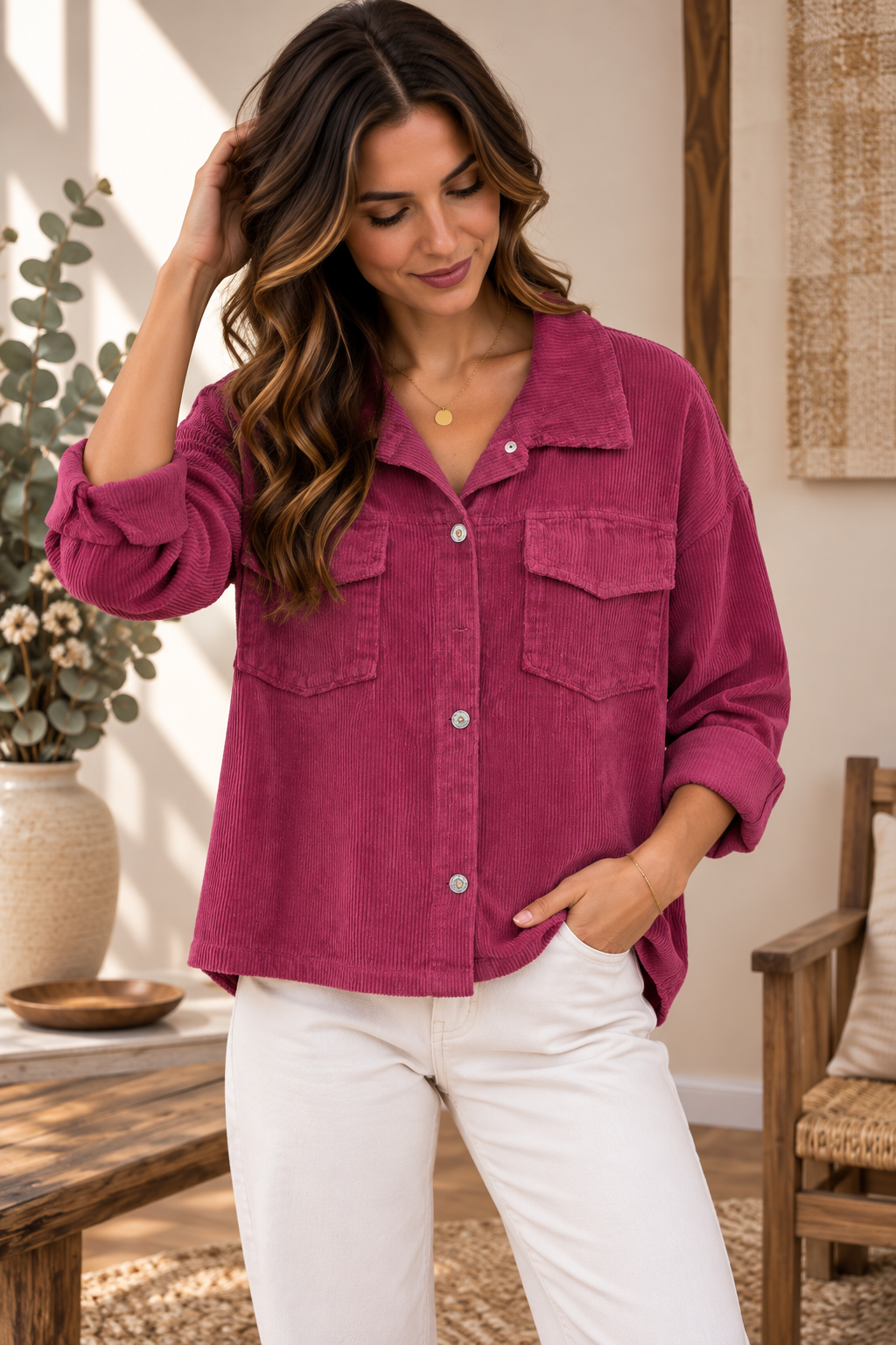 Shacket Chemise Oversize Velours Côtelé Col Chemise Boutonnage Pression 2 Poches Rabat Manches Longues Retroussables