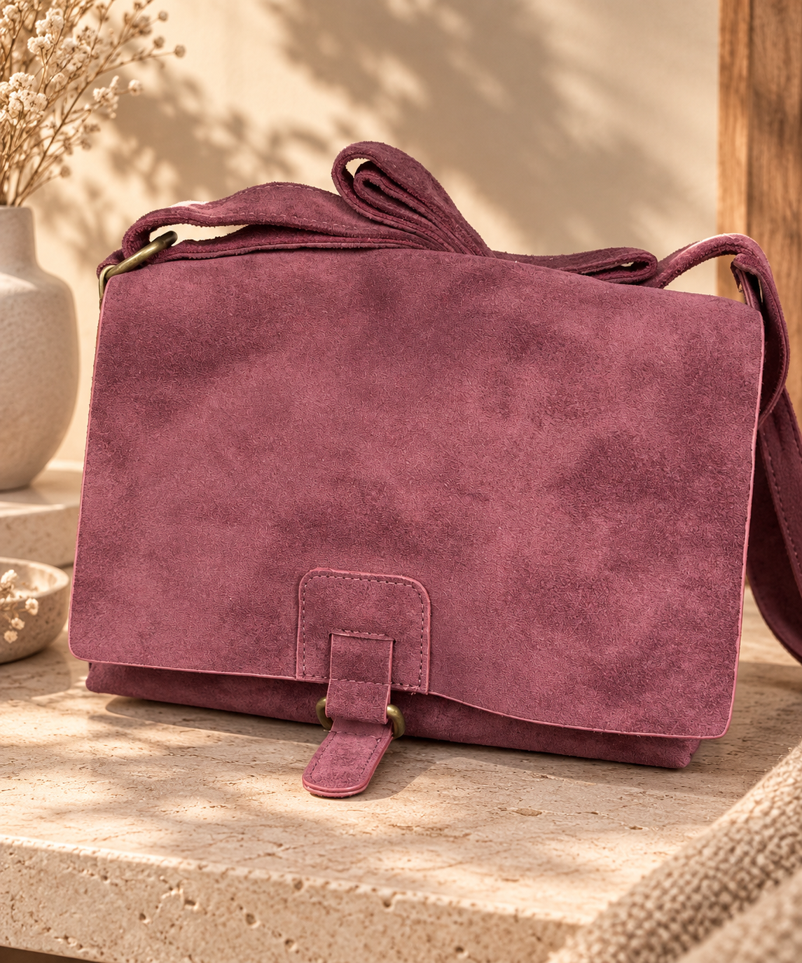 Sac Bandoulière Fourre-Tout Suède Vieilli Rabat Languette 1 Zip Intérieur 1 Zip Extérieur Arrière