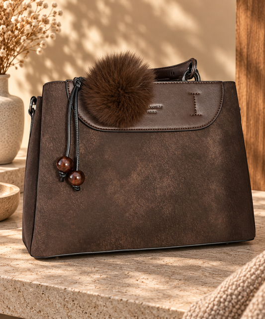 Sac à Main Trapèze Simili Cuir Vieilli Rabat Demi-Lune Poignée Pompon Fourrure Breloque Perles Plusieurs Compartiments Zip