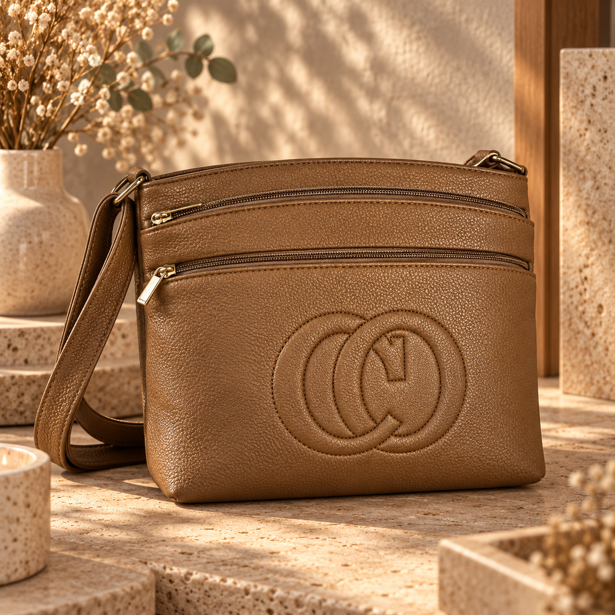 Sac Bandoulière Crossbody Simili Cuir Grainé 3 Compartiments Zip Logo Relief Quincaillerie Dorée