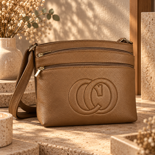 Sac Bandoulière Crossbody Simili Cuir Grainé 3 Compartiments Zip Logo Relief Quincaillerie Dorée