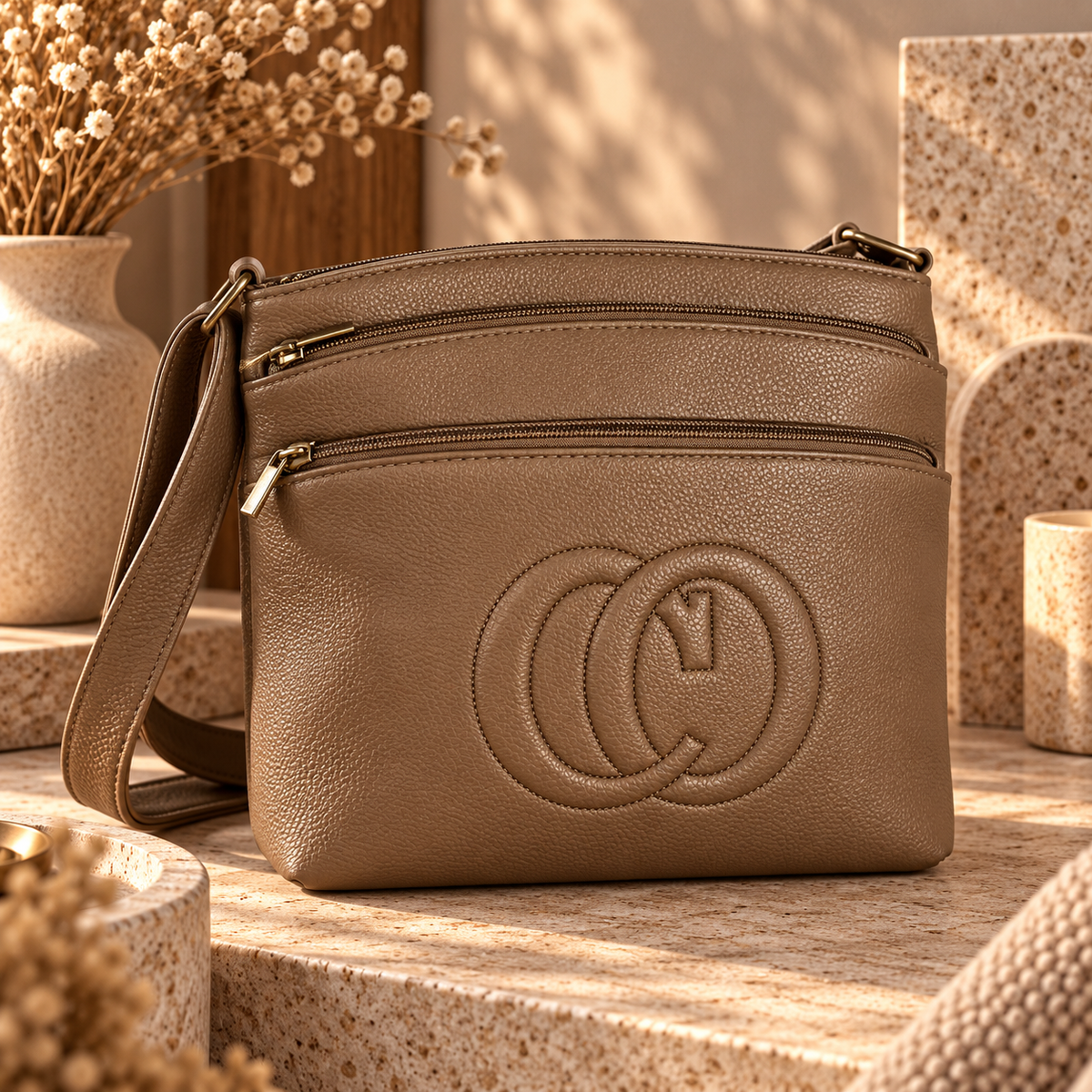 Sac Bandoulière Crossbody Simili Cuir Grainé 3 Compartiments Zip Logo Relief Quincaillerie Dorée