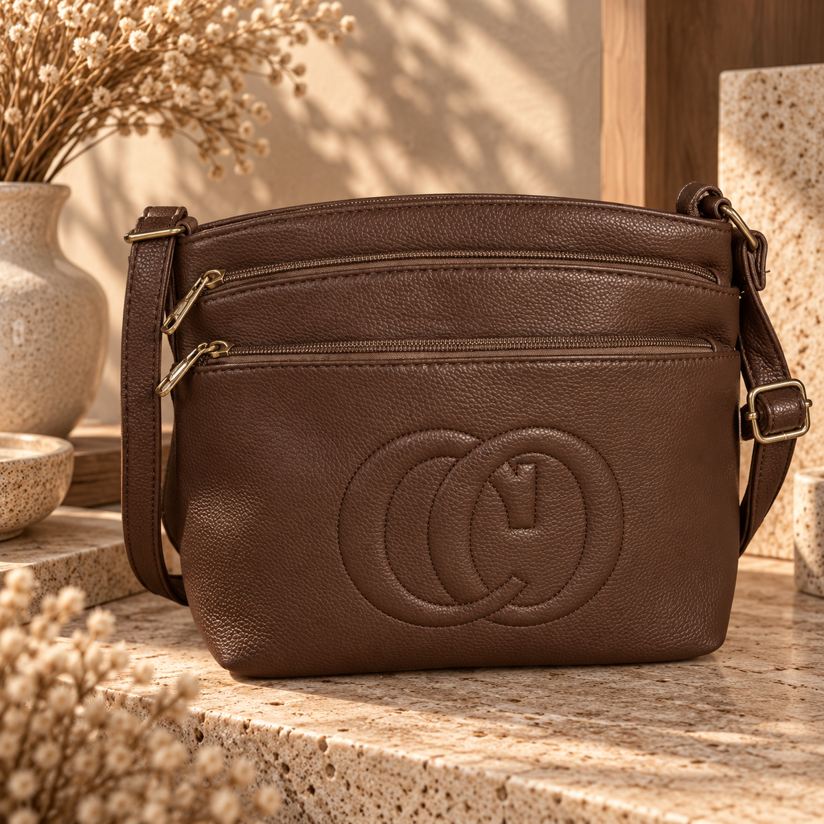 Sac Bandoulière Crossbody Simili Cuir Grainé 3 Compartiments Zip Logo Relief Quincaillerie Dorée