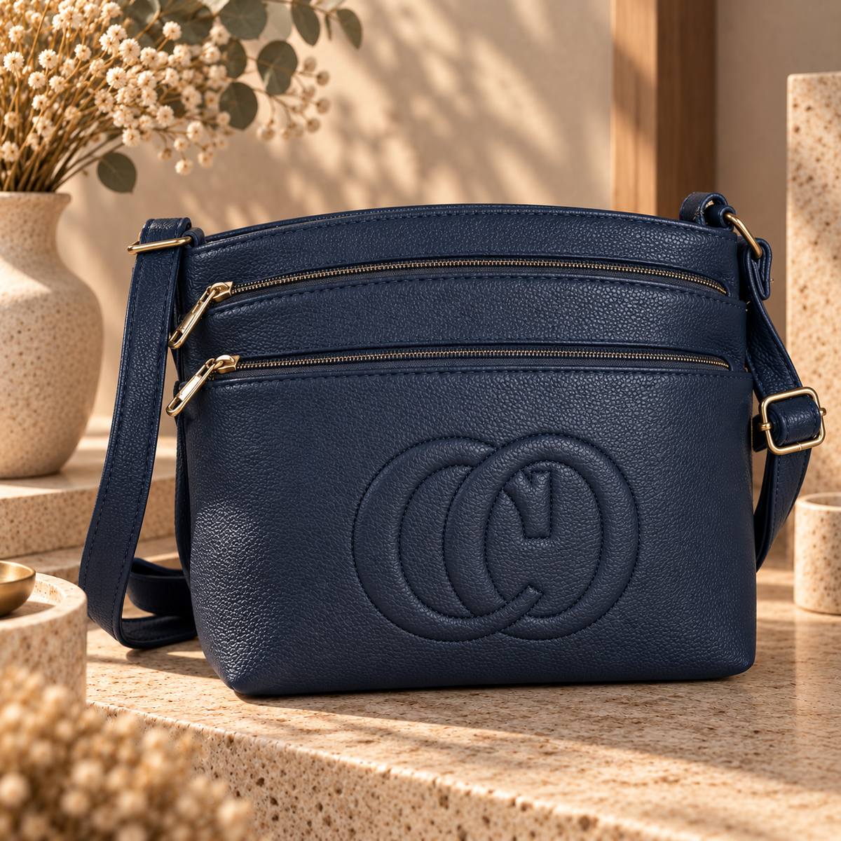 Sac Bandoulière Crossbody Simili Cuir Grainé 3 Compartiments Zip Logo Relief Quincaillerie Dorée