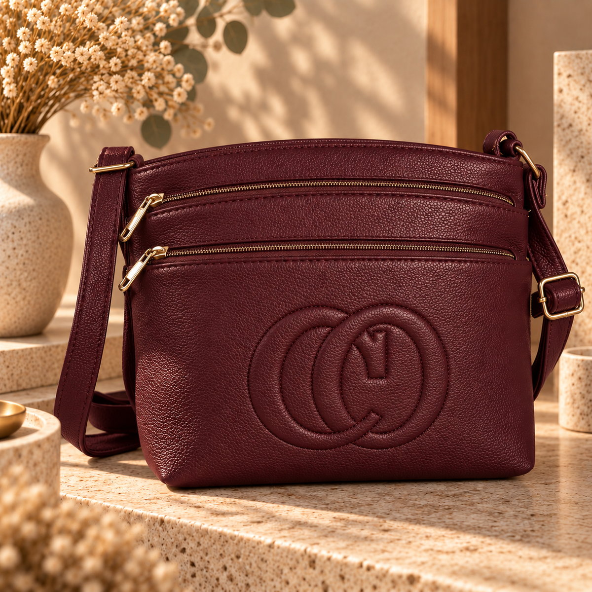 Sac Bandoulière Crossbody Simili Cuir Grainé 3 Compartiments Zip Logo Relief Quincaillerie Dorée