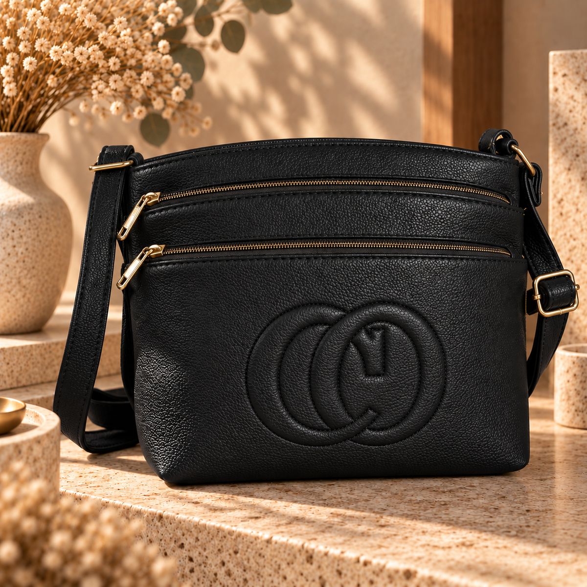 Sac Bandoulière Crossbody Simili Cuir Grainé 3 Compartiments Zip Logo Relief Quincaillerie Dorée