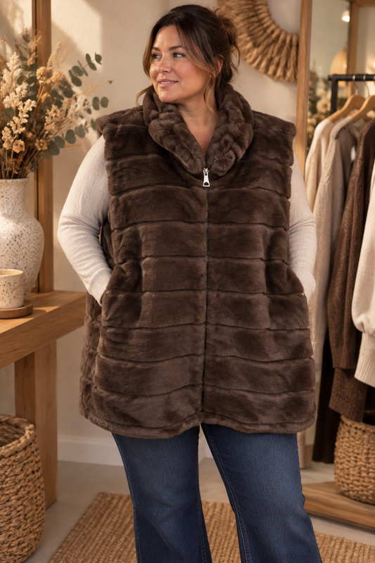 Gilet Sans Manches Fausse Fourrure Texturée Bandes Horizontales Col Châle Zippé 2 Poches
