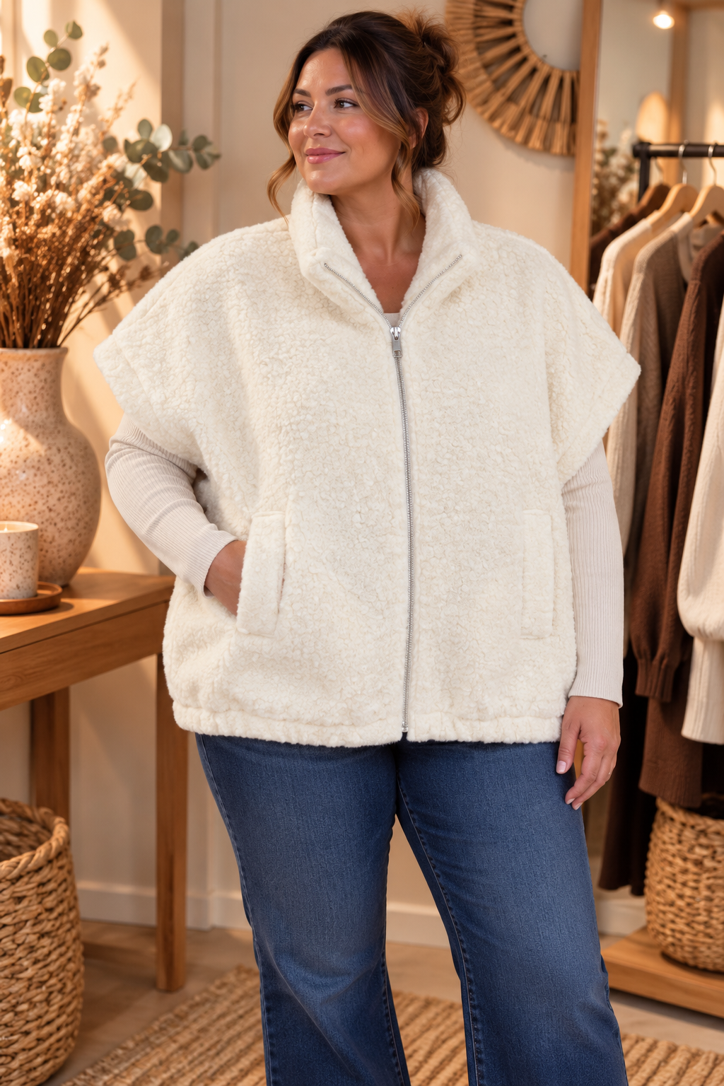 Gilet Sans Manches Teddy Bouclé Col Chemise Rabattu Zippé 2 Poches Plaquées Bord Côte Bas