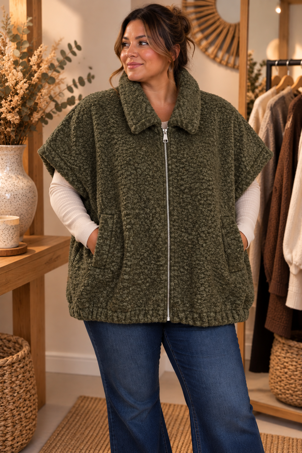 Gilet Sans Manches Teddy Bouclé Col Chemise Rabattu Zippé 2 Poches Plaquées Bord Côte Bas