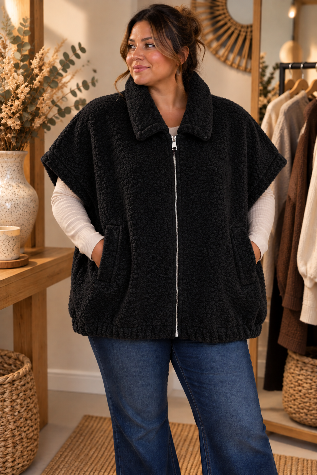 Gilet Sans Manches Teddy Bouclé Col Chemise Rabattu Zippé 2 Poches Plaquées Bord Côte Bas