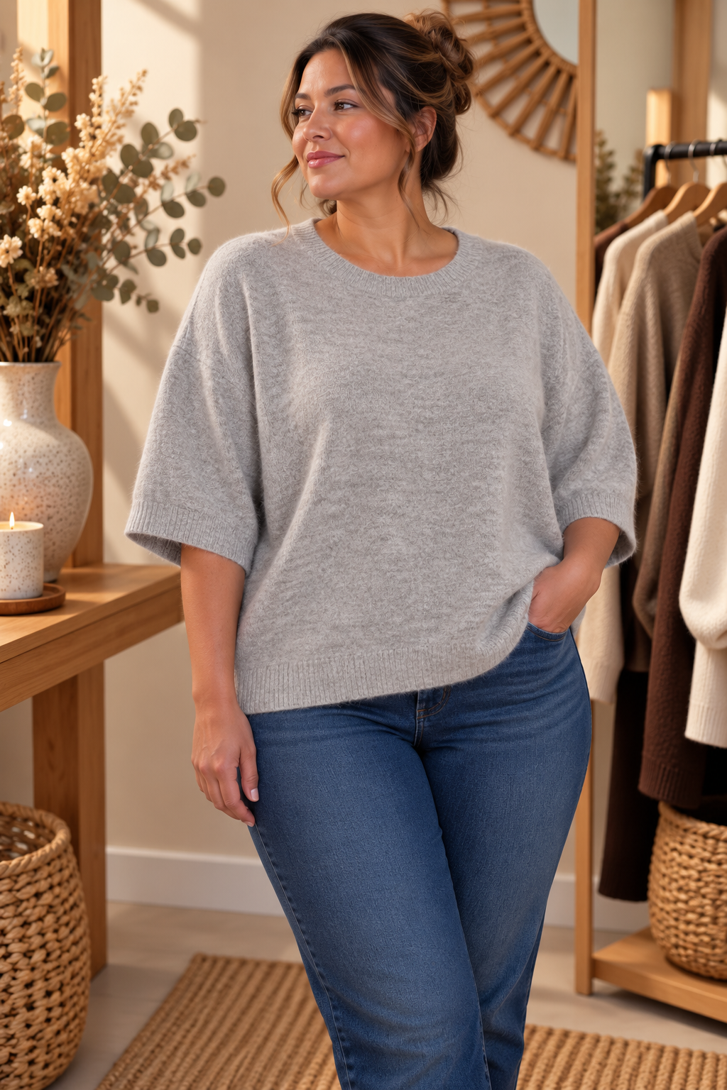 Pull Oversize Col Rond Manches Chauve-Souris 3/4 Bord Côte Maille Chinée