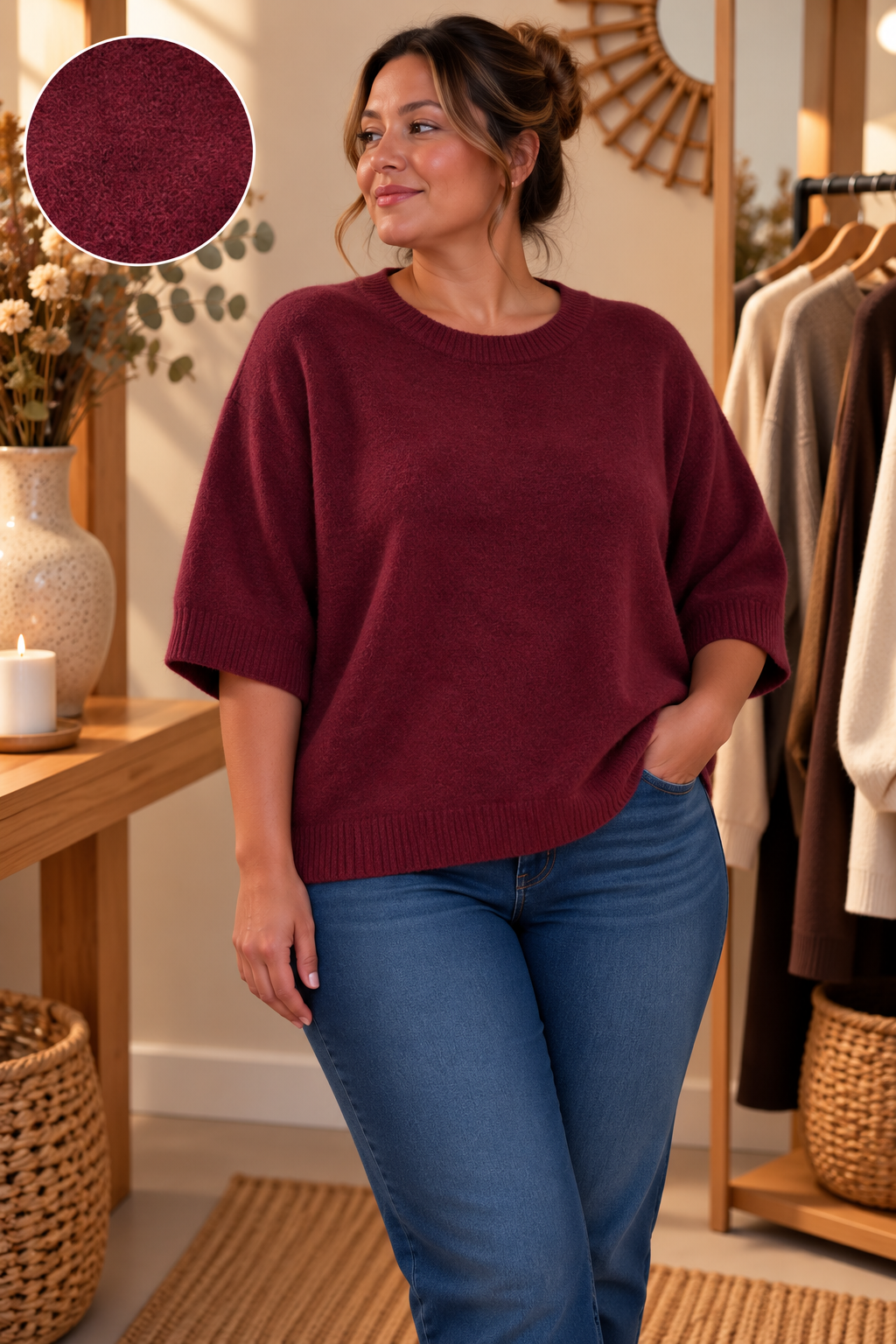 Pull Oversize Col Rond Manches Chauve-Souris 3/4 Bord Côte Maille Chinée