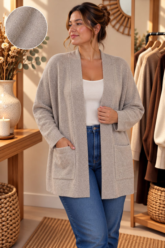 Cardigan Oversize Col Châle Ouvert Maille Jacquard 2 Poches Plaquées Bord Côte Poignets Bas