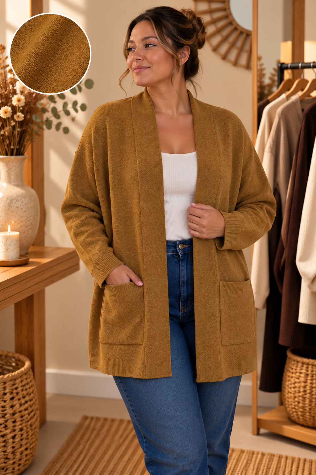 Cardigan Oversize Col Châle Ouvert Maille Jacquard 2 Poches Plaquées Bord Côte Poignets Bas