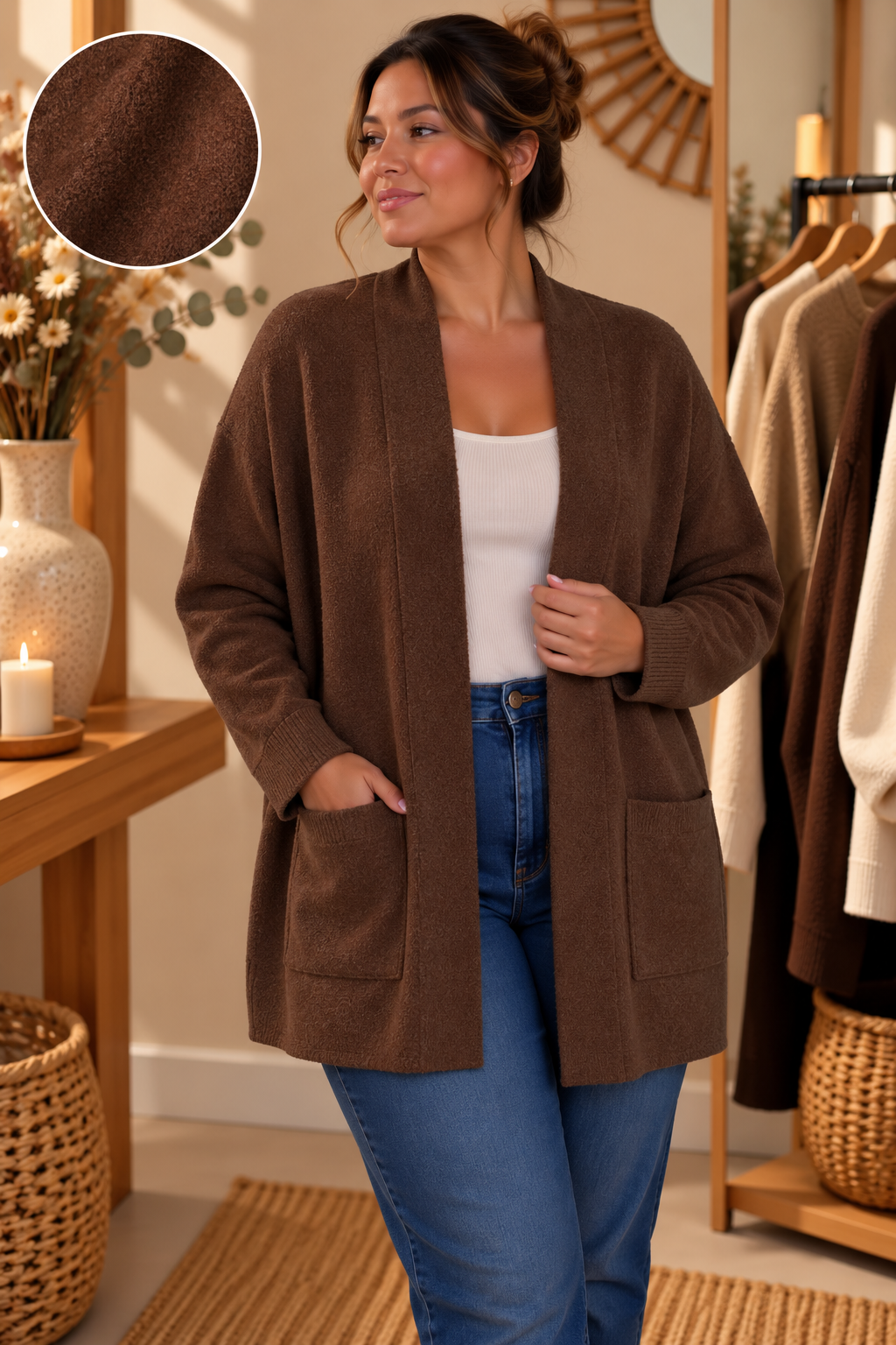 Cardigan Oversize Col Châle Ouvert Maille Jacquard 2 Poches Plaquées Bord Côte Poignets Bas