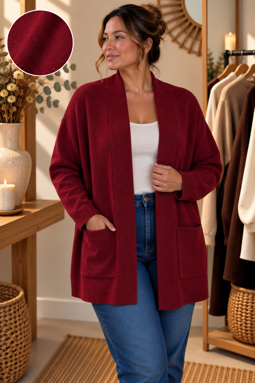 Cardigan Oversize Col Châle Ouvert Maille Jacquard 2 Poches Plaquées Bord Côte Poignets Bas