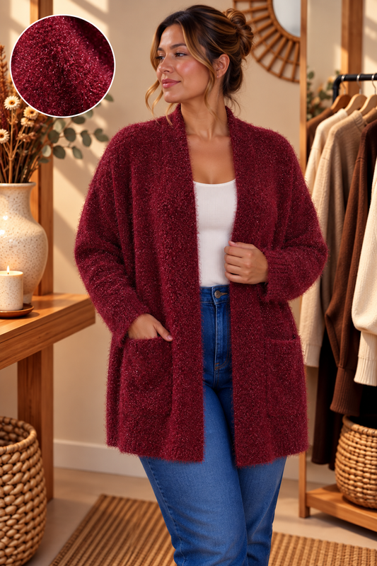 Cardigan Oversize Col Châle Ouvert Maille Poilue Eyelash Lurex Scintillant 2 Poches Plaquées