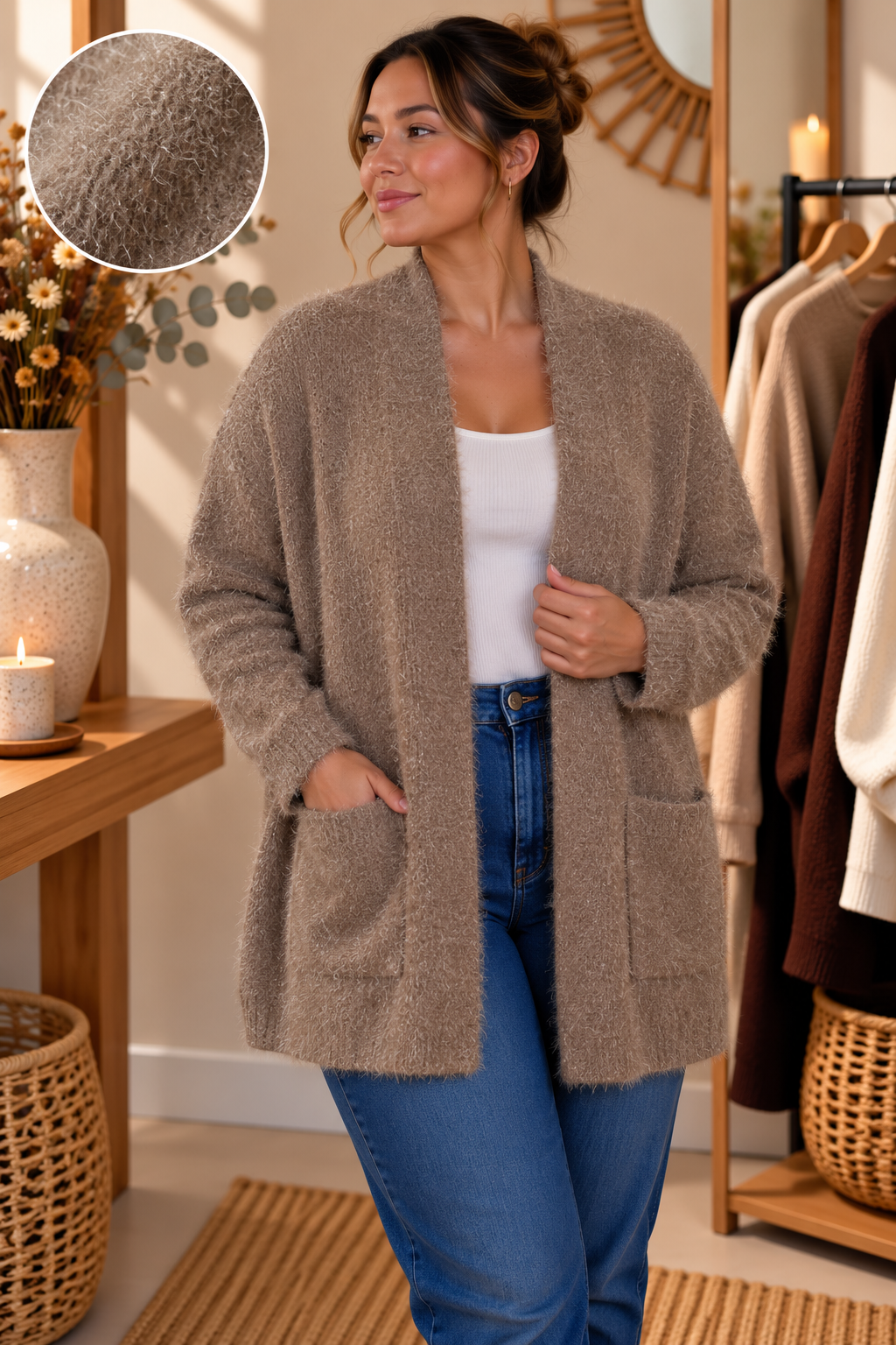Cardigan Oversize Col Châle Ouvert Maille Poilue Eyelash Lurex Scintillant 2 Poches Plaquées