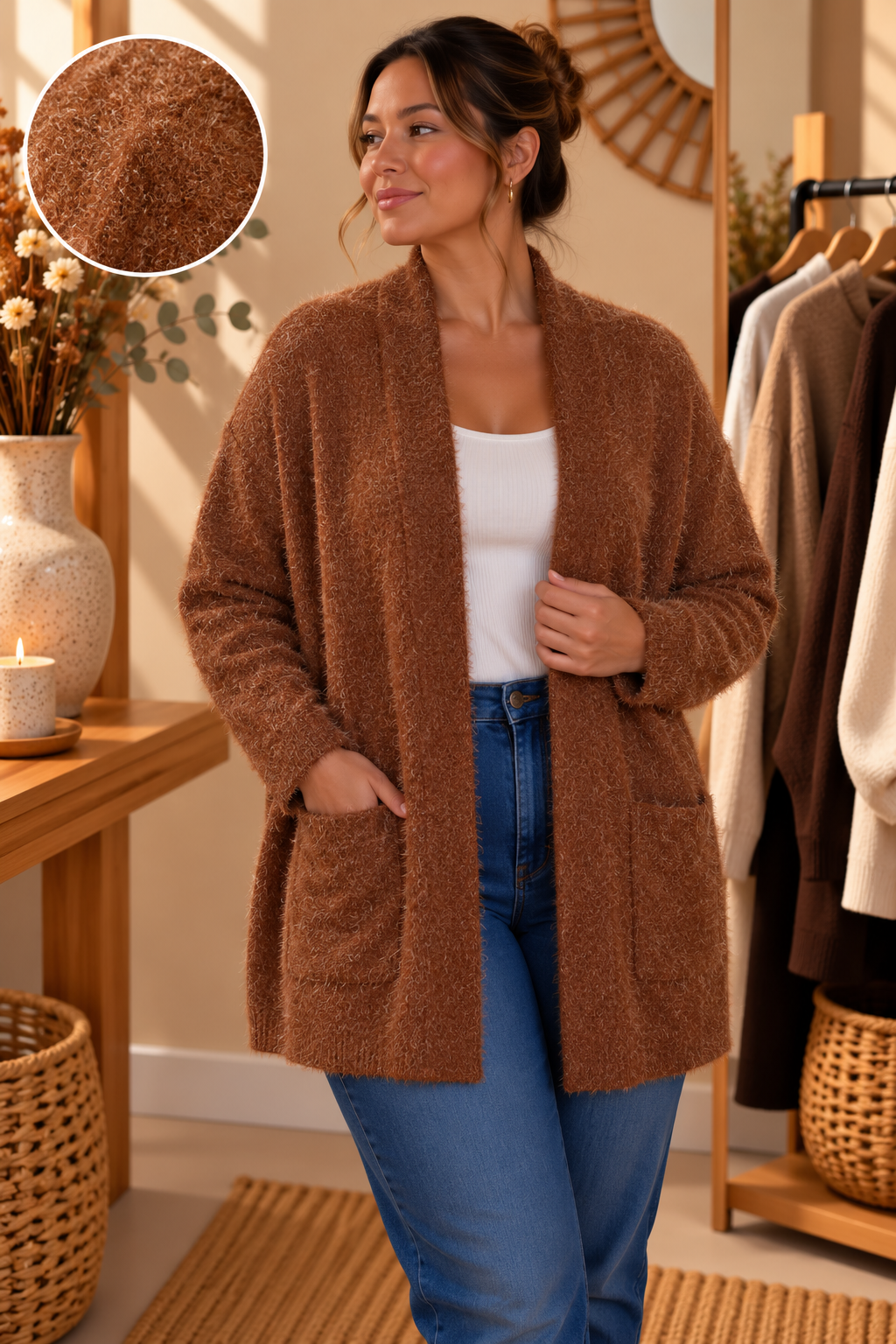 Cardigan Oversize Col Châle Ouvert Maille Poilue Eyelash Lurex Scintillant 2 Poches Plaquées