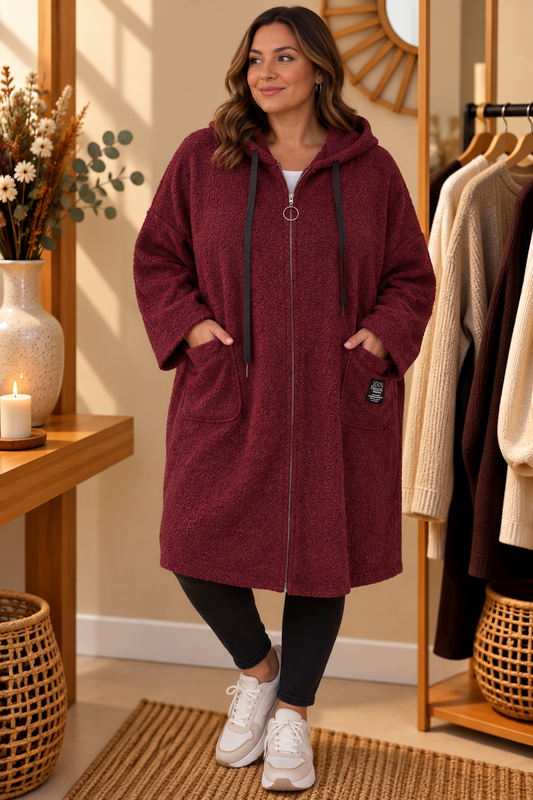 Manteau Long à Capuche Zippé Anneau Métallique Teddy Bouclé Texturé Cordons Ton-sur-Ton 2 Poches Plaquées Patch Logo