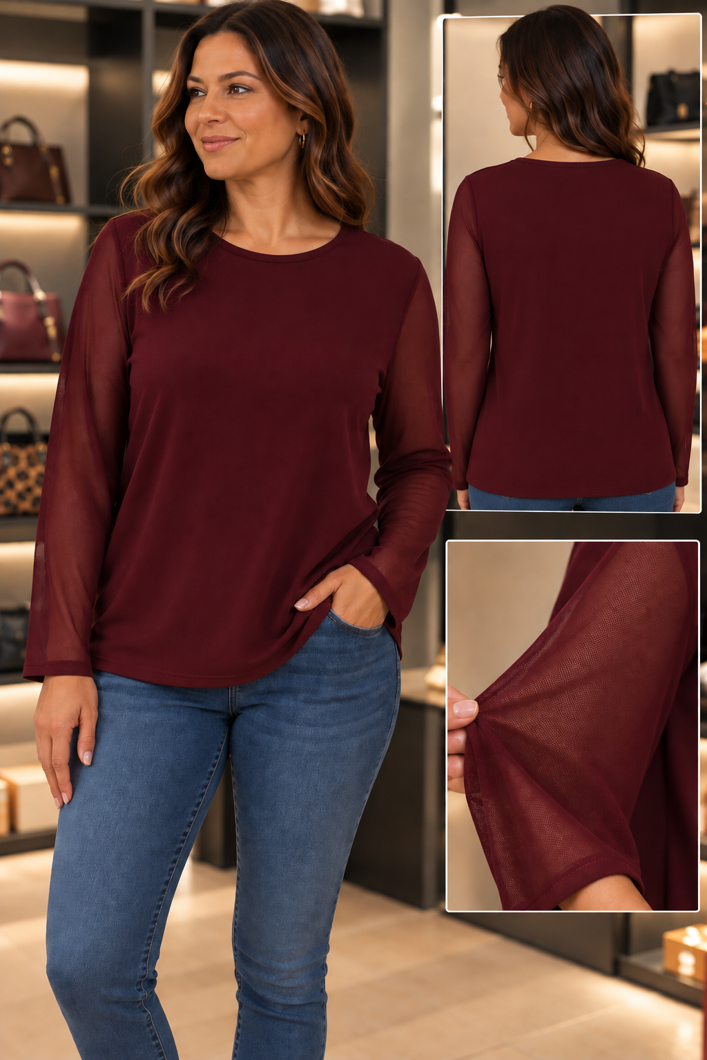Top Bimatière Col Rond Corps Jersey Manches Voile Mousseline Transparentes Évasées Fente Poignet
